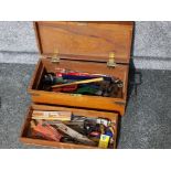 Twin handled metal bound Vintage wooden tool box containing miscellaneous handtools