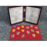 15 Kings and Queens of England coats of arms enamelled shield badges, in original display box