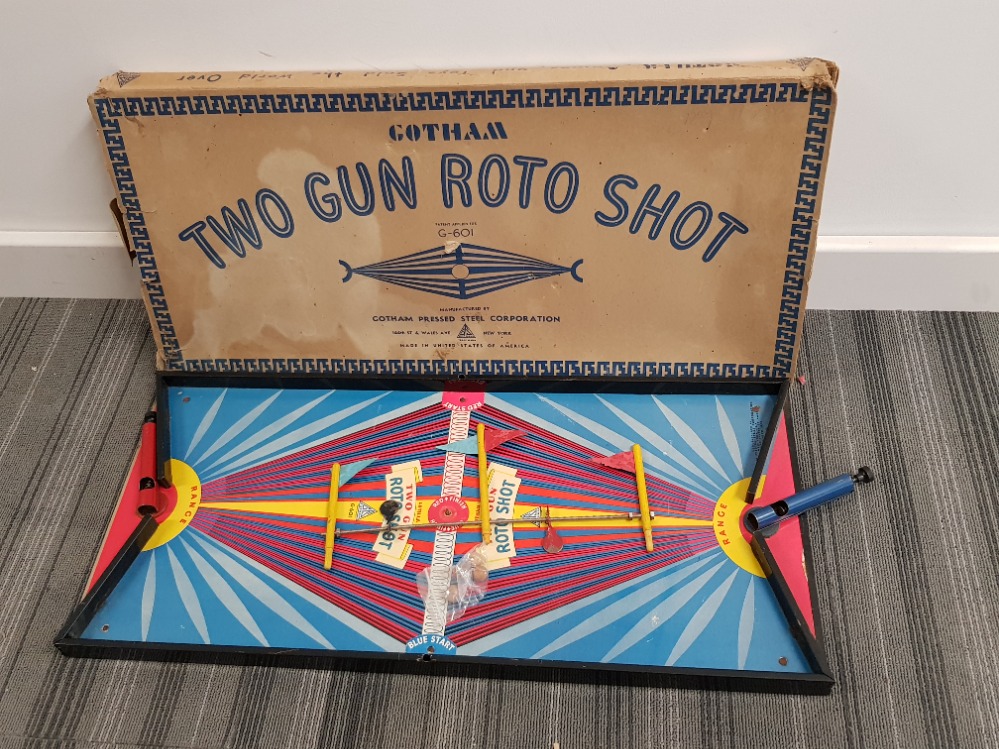 Vintage Tin two gun roto shot game by Gotham with original box