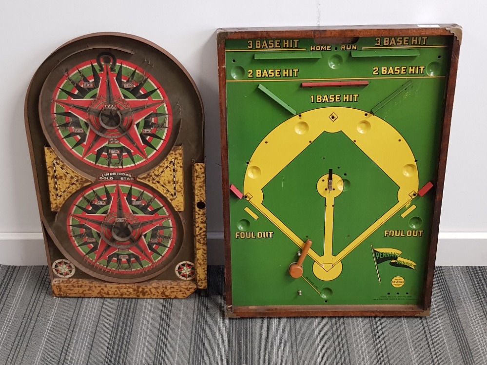 Vintage wooden framed tin baseball game Pennant Winner together with Lindstroms Gold Star