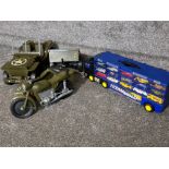 2 vintage action man military vehicles and Drive away Transporter lorry containing die cast Vehicles