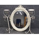 Pair of metal crystal effect drop candle holders together with cream floral patterned framed mirror
