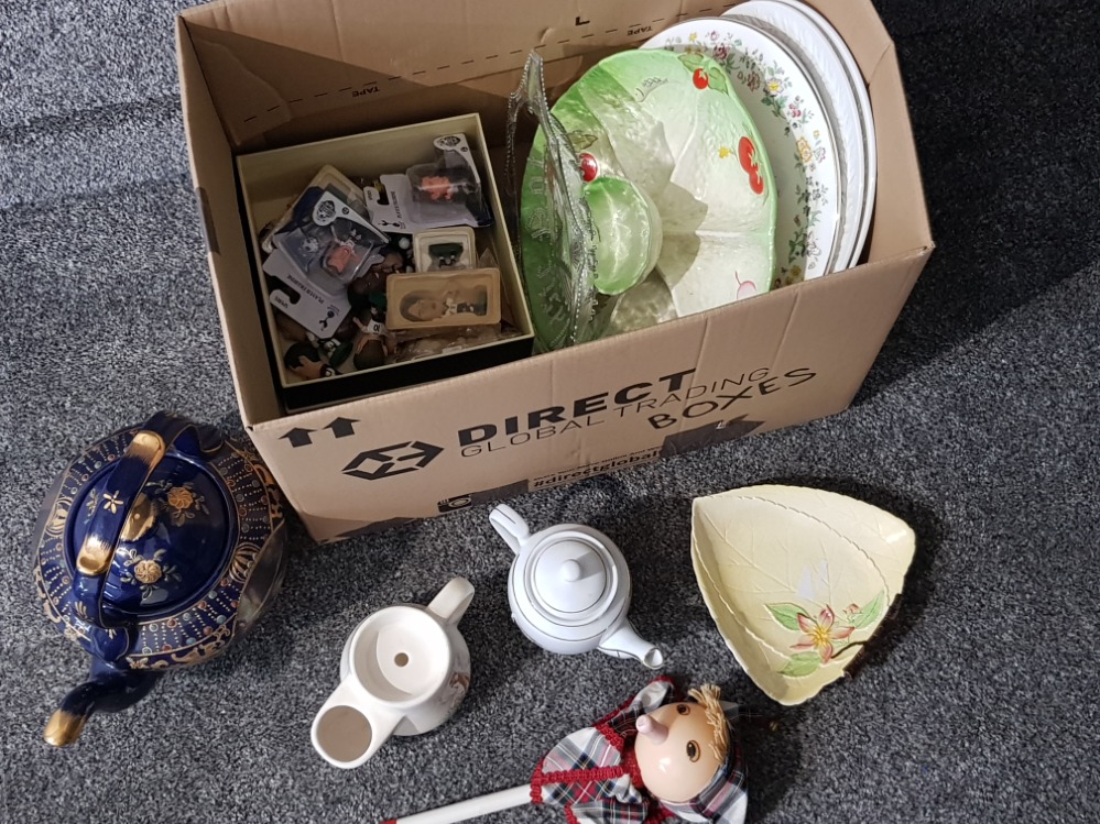 Box of collectors plates, carlton ware, wade shaving mug, minature footballers etc