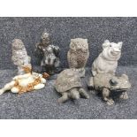 6 garden ornaments, tortoise, owl, lion etc together with hand painted resin lying cherub