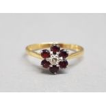 18ct yellow gold diamond and garnet flower cluster ring 1x6 size p 2.3g gross