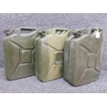 Three large Jerry cans dated 1991 1997 and 2009 with military arrow marks.