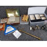 Box of various fishing tackle including traces, fishing line, reels and brass gaff etc
