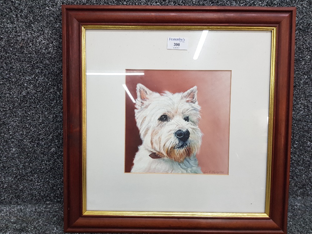 An oil painting of a West Highland terrier by E Thomspon 20 x 20cm.