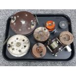 Tray of mixed fishing reels includes large salmon reel