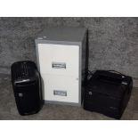 2 drawer metal filing cabinet together with Hp printer and Fellowes paper shredder