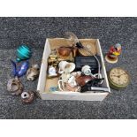 Miscellaneous items to include miniature brass candlesticks, Calver studio pottery, Harrop figure