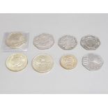 Collectable British coins comprising three £2, one £1, and four 50p.