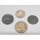 A George V silver 1 florin 1927, a George III penny 1771, a Louis XVI 2 sold 1799, and another.