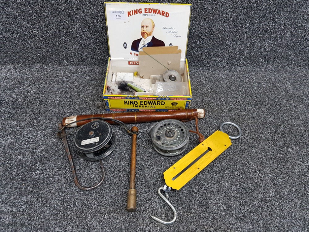 King Edward cigar box containing fishing reels, wooden priest, scales etc