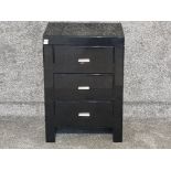 Black glass 3 drawer bedside chest with chrome effect handles, 45x36cm, height 66cm