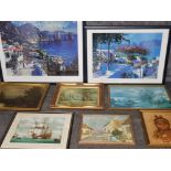 8 framed pictures mainly prints including 2x howard Behrens - patio in ponza, isle of capri also