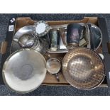 Box of miscellaneous silver plated ware including beakers, cakestand etc