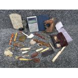 Tub of miscellaneous items inlcluding, smokers pipe, girl guides whistle, sharp calculator etc