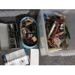 Box of miscellaneous petrol plane motors and propellers together with a tub of electric motors and