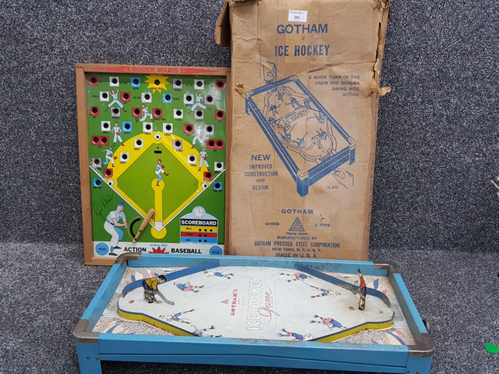 Boxed vintage tin Gotham ice hockey game with players together with Action Baseball