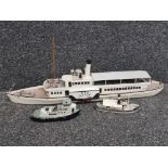 Large model Adler boat, length 74cm, together with 2 smaller boat models