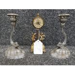 An onyx and brass clock by Estyma 20cm high, and a pair of chrome effect candlesticks in the form of