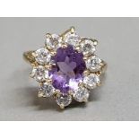 9ct gold Amethyst & CZ solitaire ring, size J, 3.1G gross