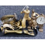 Tray of miscellaneous ornaments mostly brassware also includes figured mantle clock, Samurai