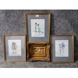 Three colour prints after Edouard Van Goethem and another colour print in ornate frame.