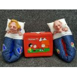 Pair of novelty spitting image slippers and vintage Peanuts snoopy lunch box