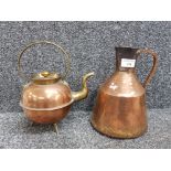 Vintage copper and brass kettle together with copper water jug