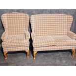 2 seater wing back sofa and matching armchair, upholstered Tartan design