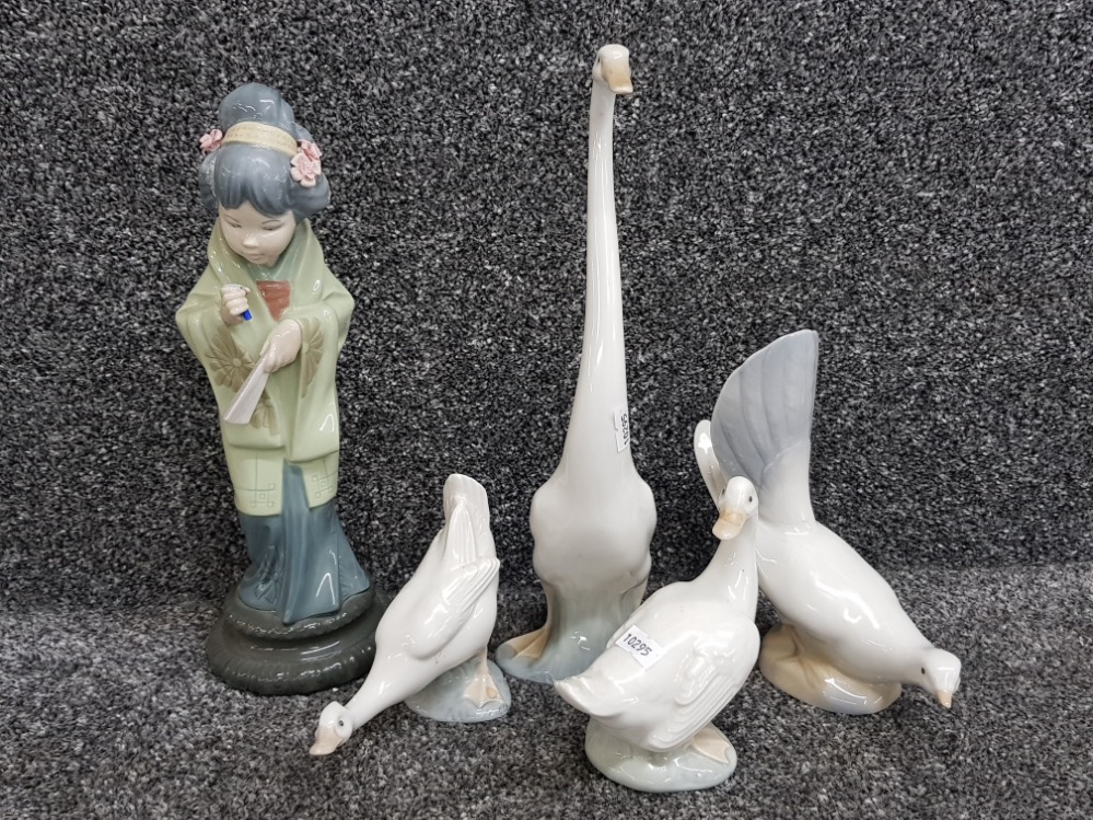 3 Nao by lladro geese figurines together with one other spanish bird and Lladro geisha girl