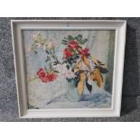 An oil painting by D E Sargeant 'flowers and apple blossom in a vase' signed 49 x 53cm.