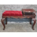 A mahogany telephone table with inset red leather top and red velour upholstered seat.