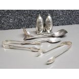 Hallmarked Sheffield silver tongs dated 1895 together with mixed silver plated items spoons, salt