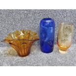 Blue dimple glass vase together with Royal Doulton amber congratulations 50th glass vase and amber