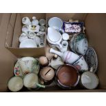 Box of misc including Royal Doulton bowl, monks money box, crested pieces etc