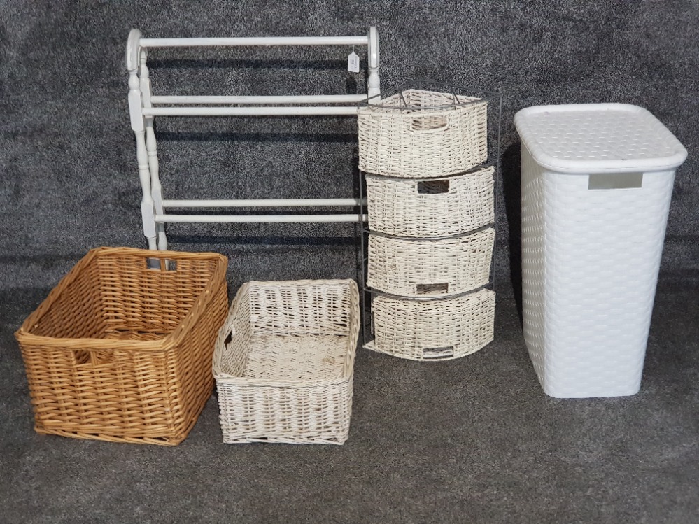 Towel airer, two wicker baskets, wicker drawers and a plastic laundry basket. 5