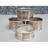 3 hallmarked chester silver napkin rings dated 1907 plus 1 other, combined weight 57g