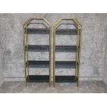 Pair of brass framed 4 tier shelves, 152x56cm