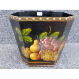 A hand painted wooden bin with still life of fruit, with stud borders 30cm high.