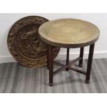 Folding eastern style table with Circular brass top, plus large brass plaque