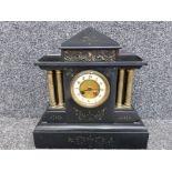 A 19th century black slate and gilt mantle clock, with Arabic enamel dial 39cm high.