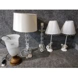 Two pairs of table lamps, an uplighter and three shades of various designs. 8