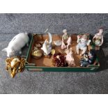 Various dolls, figures and ornaments to include a dolphin group, two ceramic dolls, bisque doll,