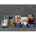 Five meerkat soft toys to include Safari Oleg and Oleg as BB-8, three with COAs.