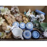Mixed box lot containing wedgwood jasper ware, Beswick beatrix potter, figured ornaments etc