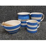 4 pieces of vintage T.G.green cloverleaf Cornishware including Mortar & Pestle, measuring jug etc