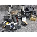 Chinon CS camera together with mixed camera accessories including lenses, flash, tripod etc